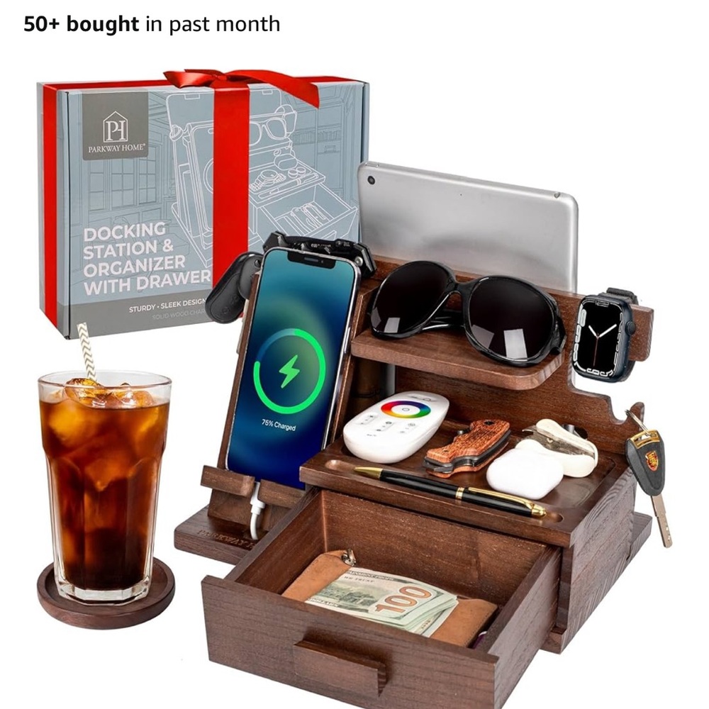 Wooden Docking Station Organizer with drawer and coaster *NEW* perfect gift #105